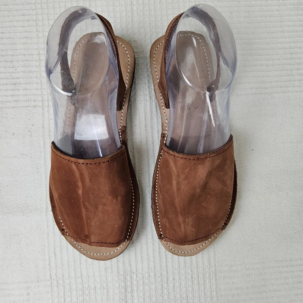 Handmade Slip On Leather Sandals Sz 37 6.5 7 Brown Shoes Slingback‎